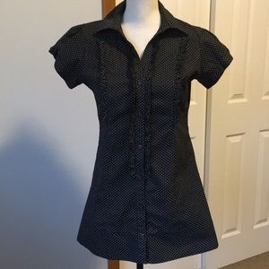 Black and white polka dot with red trim blouse